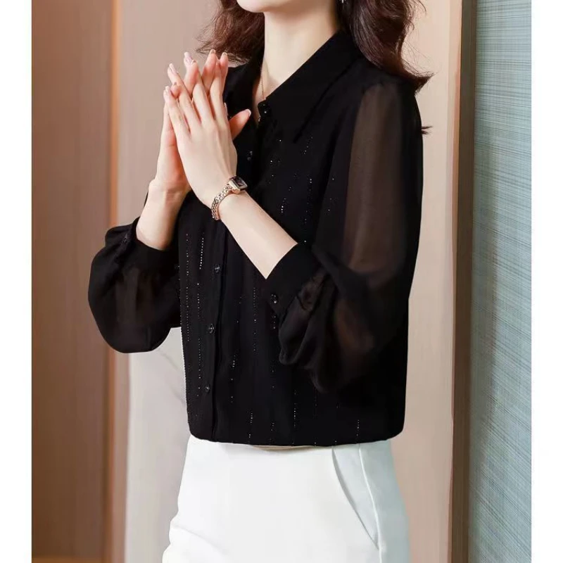 Blusas elegantes de gasa para mujer, camisa informal de manga larga con cuello vuelto, con botones, para primavera y verano, 2023