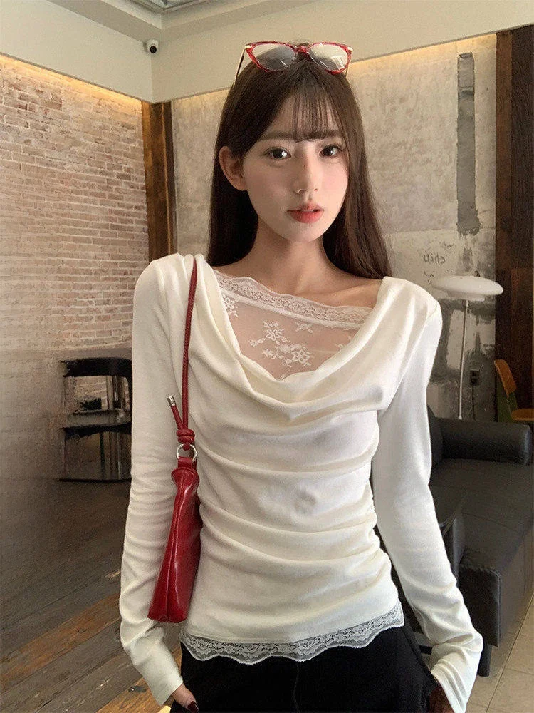 

Длинная футболка све с белой кружевной отделкой, женская осенне-зимняя футболка Pure Desire с наклоном, внутренняя одежда, модный топ