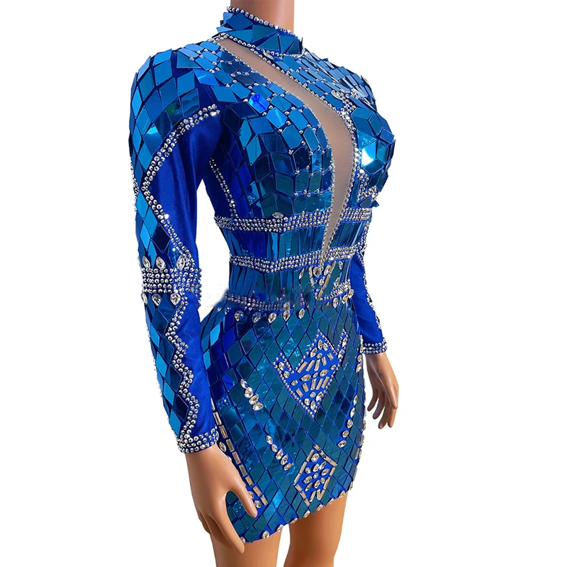 Sexy Mirror Sequins Dress Women Singer Host Stage Costume Cocktail Party Elastic Rhinestones Evening Dresses Rave Outfit