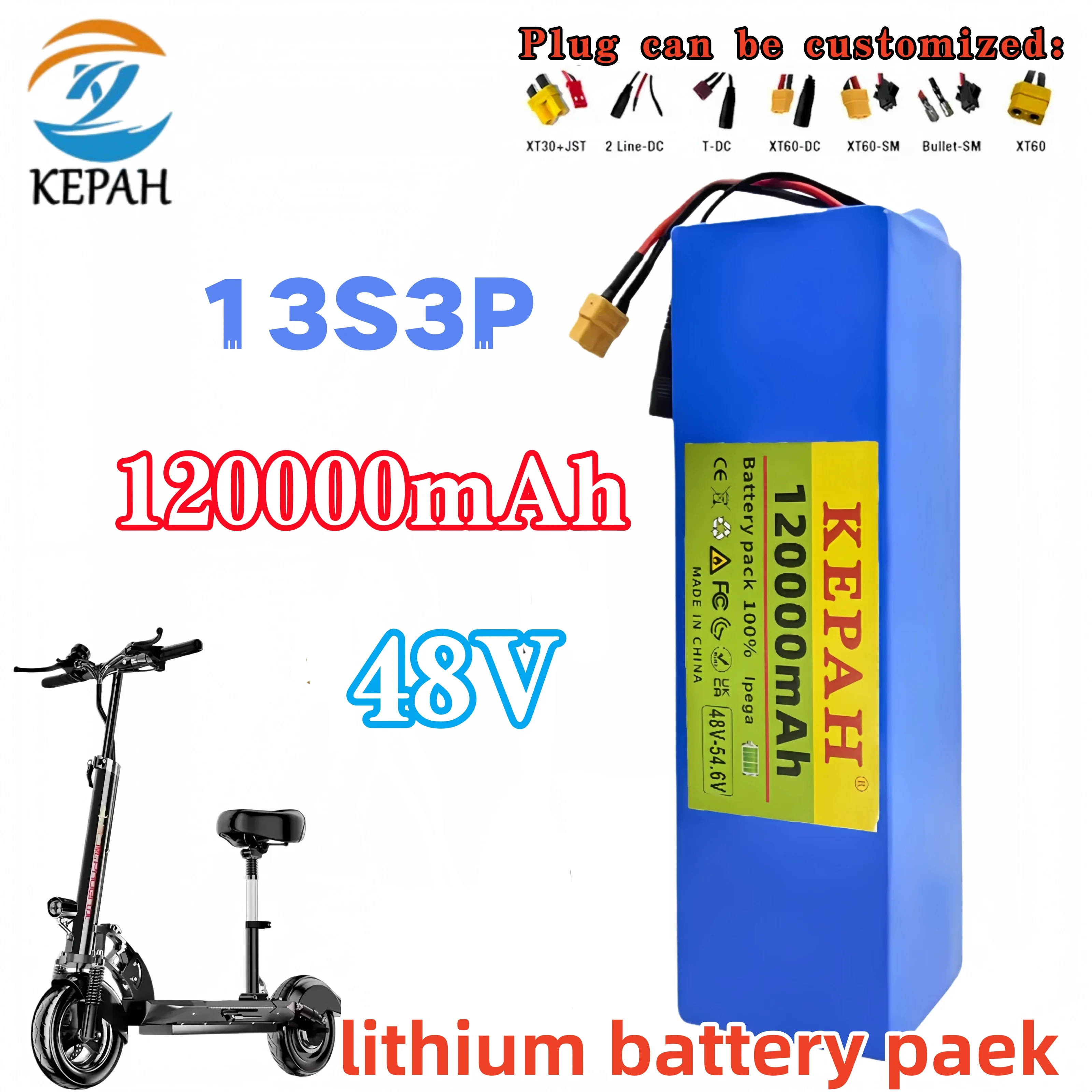 18650 13S3P 48V 120Ah بطارية ليثيوم عالية الطاقة | شاحن BMS 1000W + شاحن 54.6V 2A، حصري للدراجات البخارية الآلية