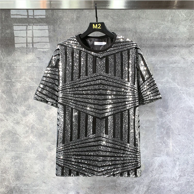 High Quality Sequins Punk Club Outfit Nightclub Tees Summer O Neck Contrast Geometric Luxury Sequins T Shirts Men Gold Silver