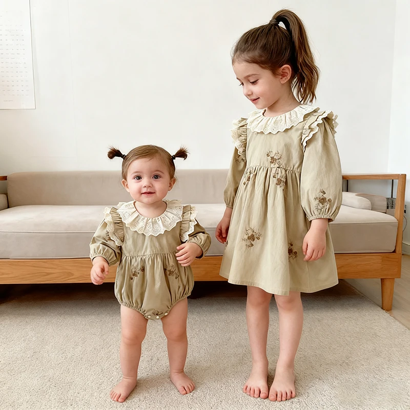 Herbst Kinder Baby Mädchen Party Spitze Kragen Kleid 0-6Y Frühling Lange Ärmeln Baumwolle Kind Prinzessin Strampler Baby Mädchen Schwestern Kleidung