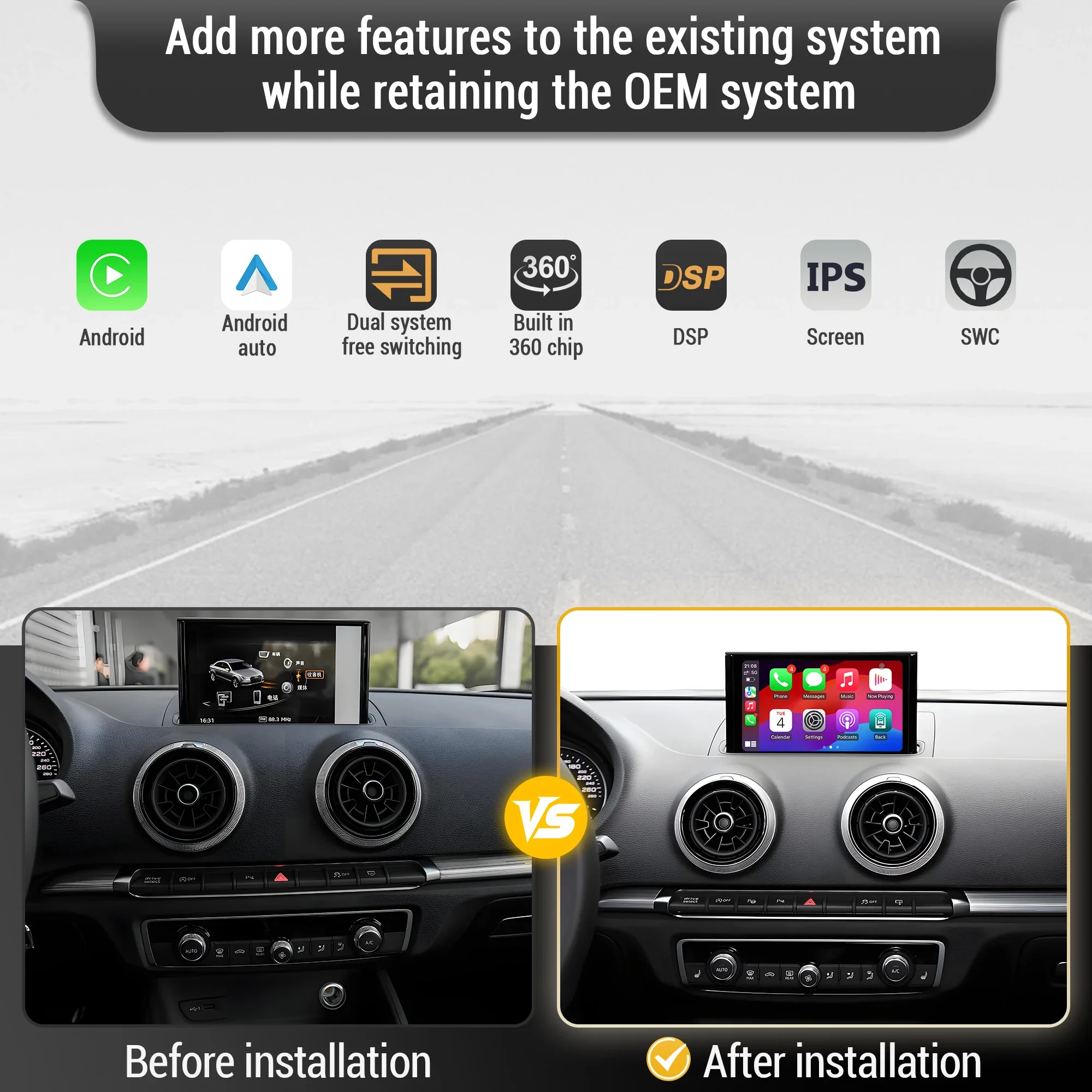 7 inch For Audi A3 2013-2018  Android 14 Wireless Bluetooth Carplay Head Unit Qualcomm Snapdragon 680 Touch Screen Stereo System