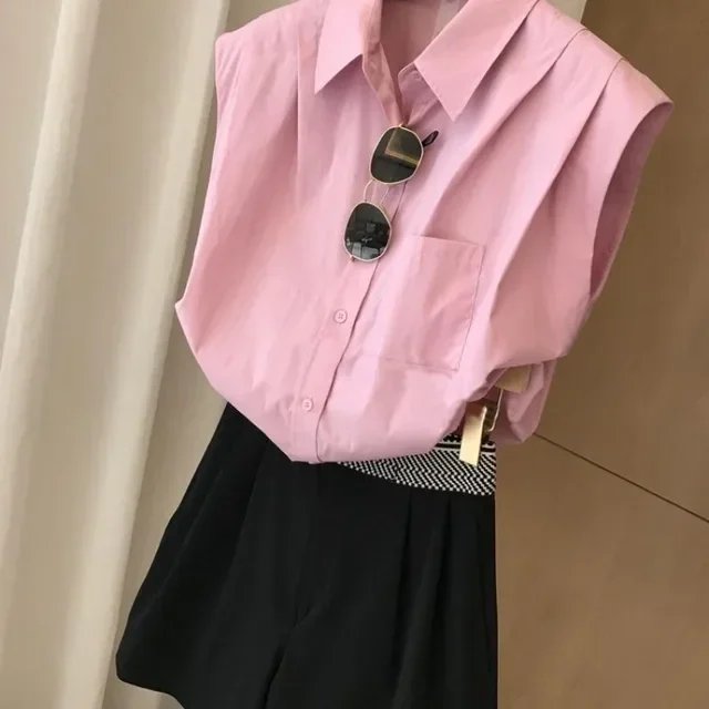 

Solid Color Summer Blouse Women's Clothing Sleeveless Loose Shirts Chiffon Folds Chic Korean Blouses Tops 2025 Camisas De Mujer