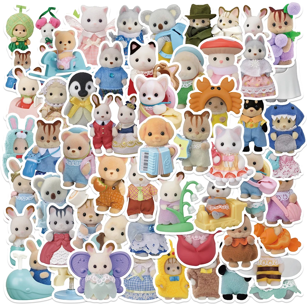 55PCS Sylvanian Critter Families Sticker Cartoon DIY Waterproof Pack Cute Bottle Laptop Skateboard Scrapbook Anime Toy Stickers