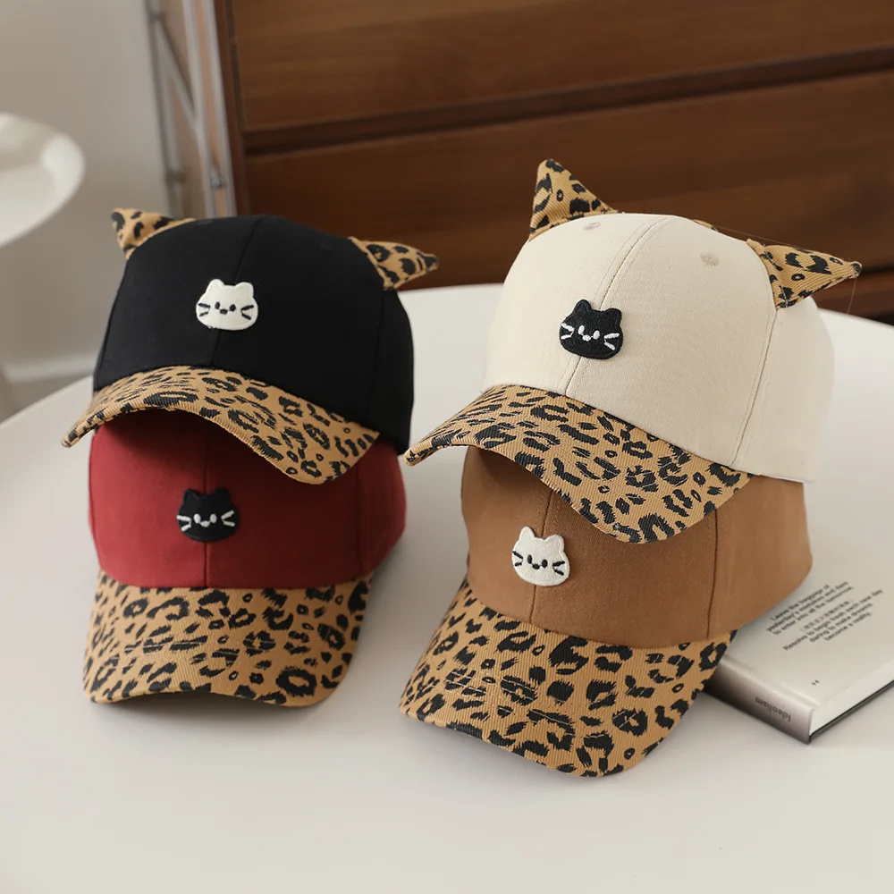 2026 Spring Autumn 2-6Y Kids Baseball Cap Leopard Print Korean Style Baby Girl Sun Hat Cute Cat Decor Outdoor Boys Toddler Cap
