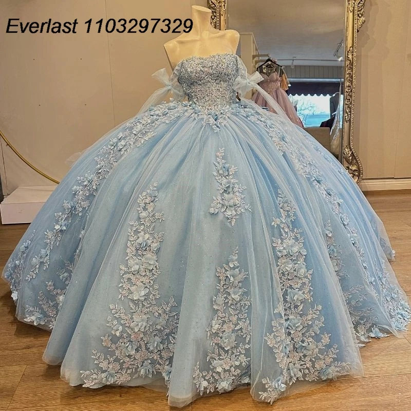 EVLAST Glitter Blue Quinceanera Dress Ball Gown 3D Floral Applique perline con fiocco corsetto Sweet 16 Vestido De 15 Anos TQD633