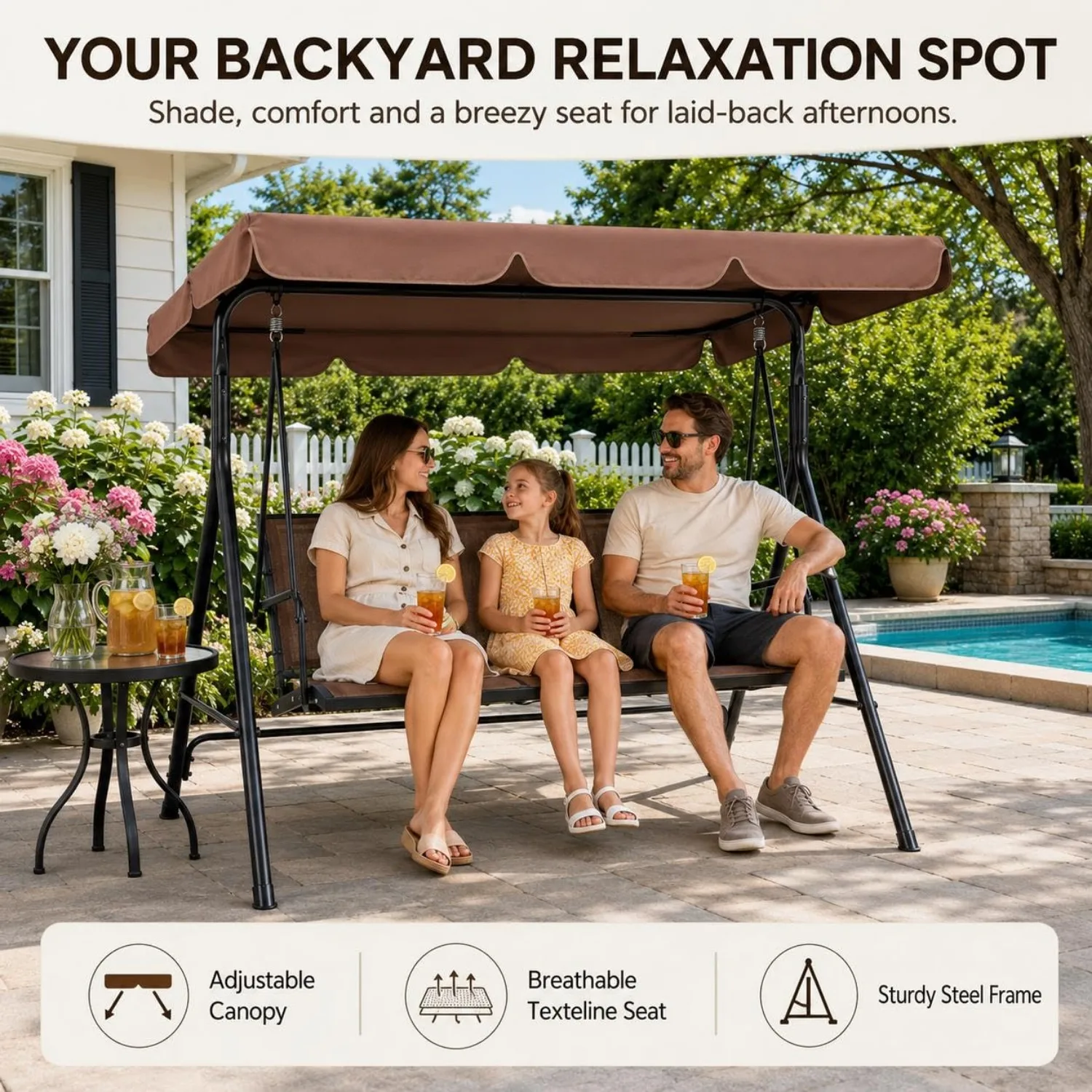3-Seat Patio Swing Chair,Texteline Fabric Easy Setup,Weatherproof&Adjustable Sunshade For Outdoor Yard Porch, Custom