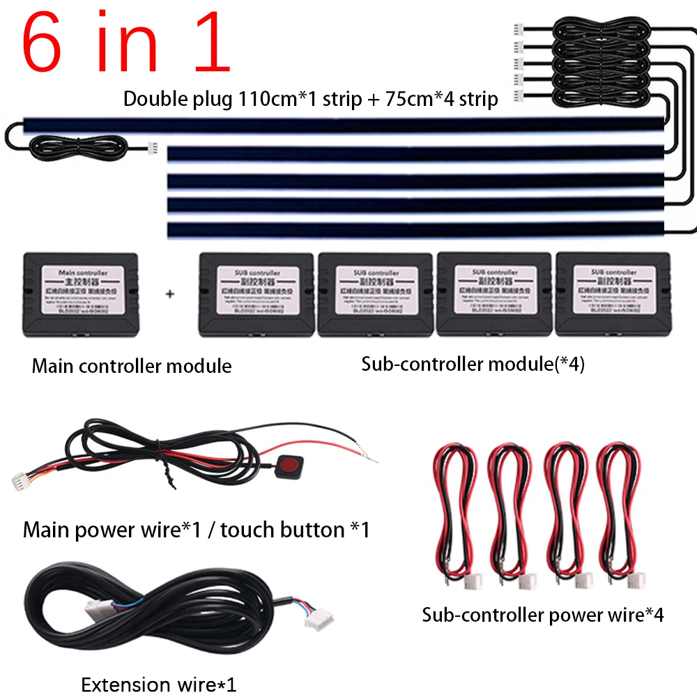 18 in 1 Umgebungslicht für den Innenraum des Autos, 64 Farben, atmen Sie die Armaturenbrett-Türdekoration, LED-Streifenlichter, RGB, Bluetooth, App-Steuerung, 12 V