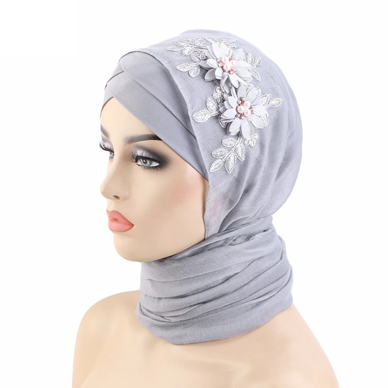 2pcs Muslim Women Flower Sequins Shawl Wrap With Hat Cap Underscarf Turban Islamic Beanies Bonnet Hijab Headscarf Bandanas Mujer