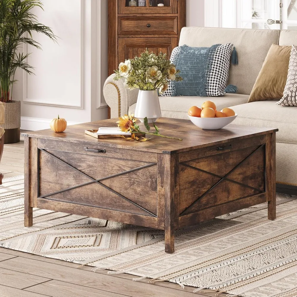 Table basse carrée de style ferme avec rangement caché pour le salon, design en bois rustique, pièce maîtresse idéale