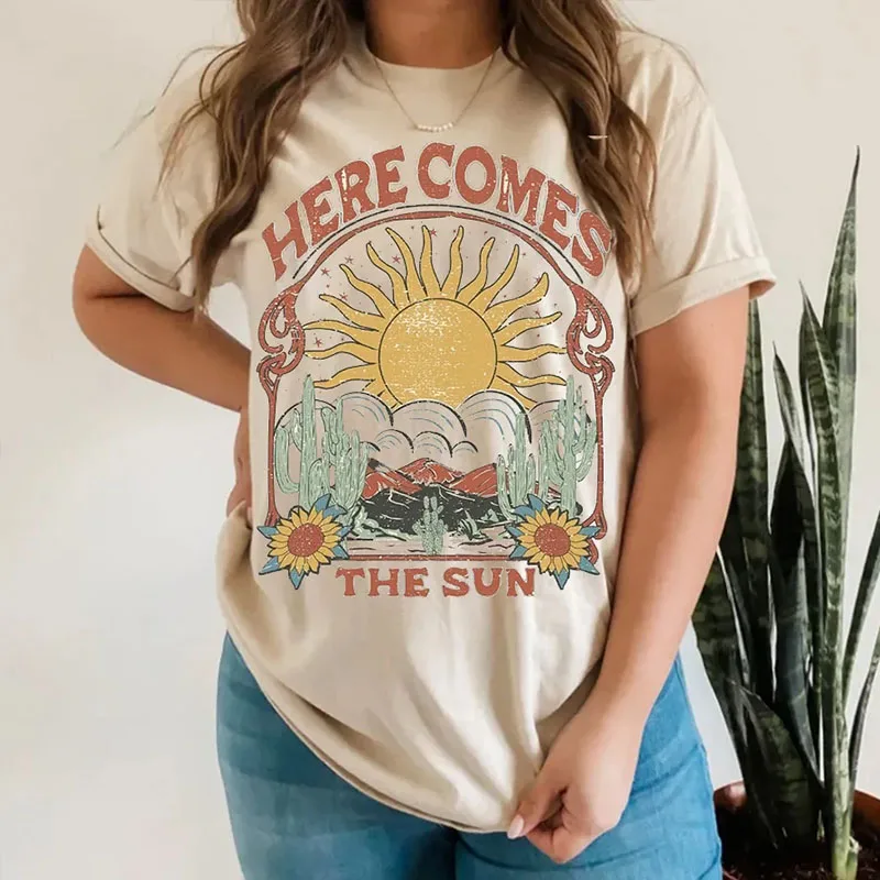 Here Comes the Sun Graphic Tops Summer Fashion Women T Shirt Cotton Retro Hippie Tees Boho Vintage Aesthetic Clothes Grunge