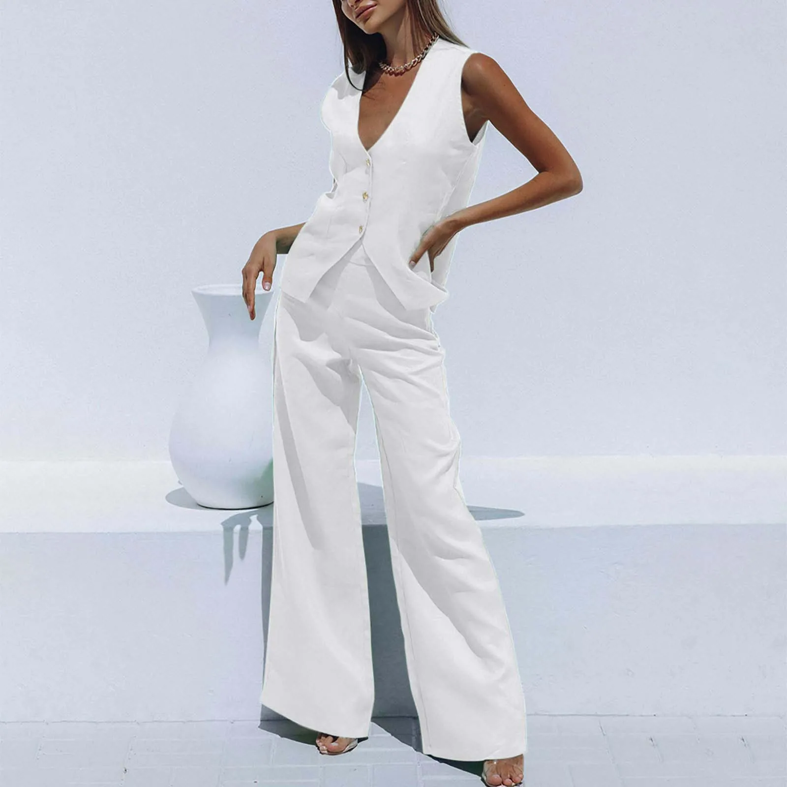 Spring Autumn White Two Piece Set For Women 2024 Summer Fashion Sleeveless Tank Top Waistcoat Wide Pants Sets Elegant Streetwear