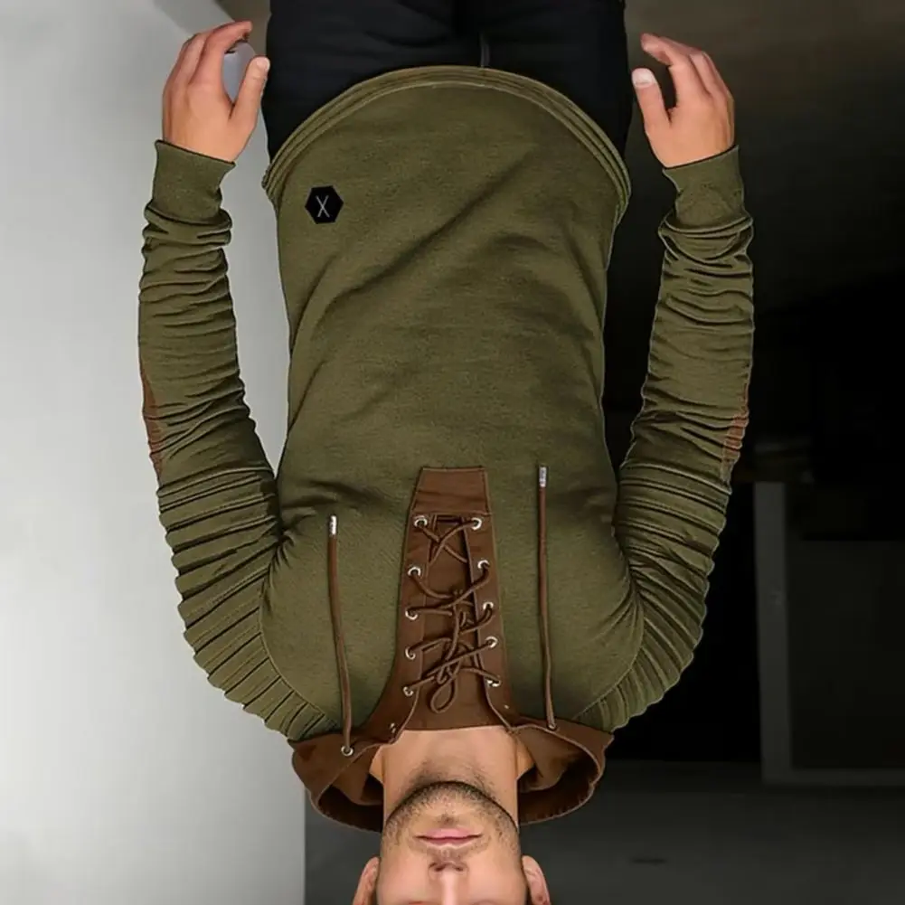 

2026 Spring Autumn Men's Pullover Hooded T-shirts Sweatshirt Lace Sports Long Sleeve Folded Casual Clothes Hoodies Male Tees Top