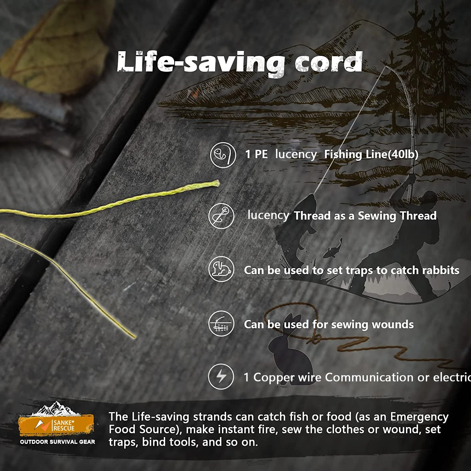 Paracord Survival Parachute Fire Cord Survival Ropes 11-in-1 U.S.Military Type with Integrated Fishing Line Fire-Starter Tinder