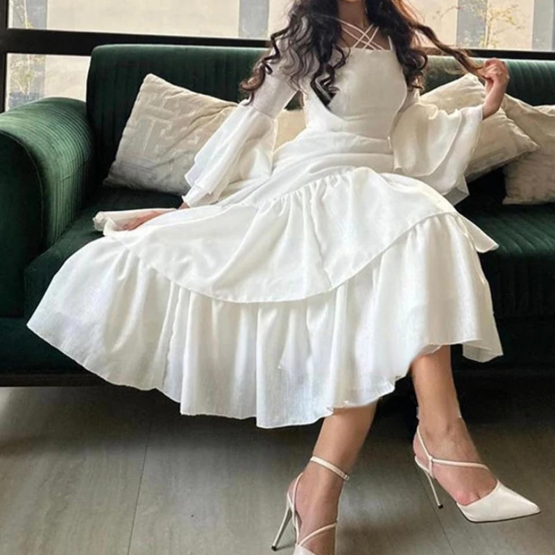 Customized Modern Chic Square Collar Cross Design Long Flare Sleeve Evening Dresses Long Slim Waist A-line Ball Gown Tiered Wave