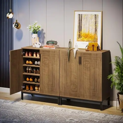 문이 있는 20켤레 신발장, 5단 수납 정리함(연한 갈색)