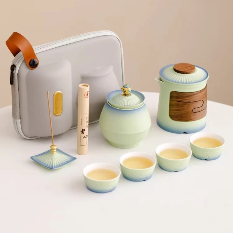 

Portable Tea Set Fast Brewing Cup Ceramic Forbidden City Creative Teapot 4 Cups for Camping Travel Office Chinese Style Gift
