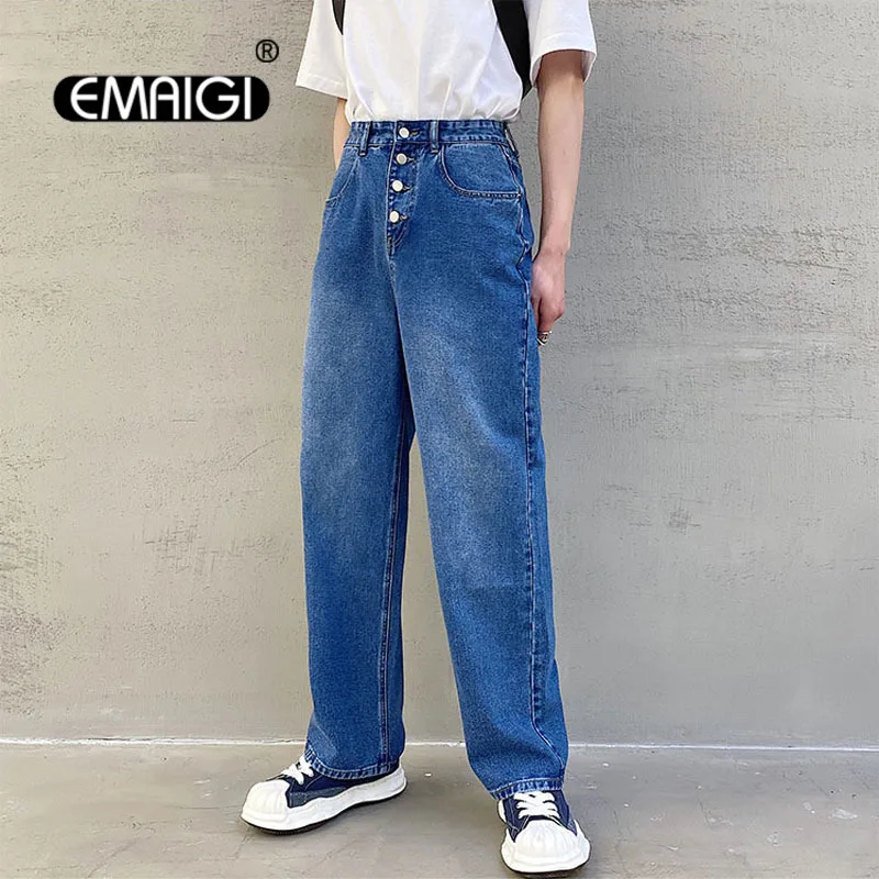 

Jeans Men Button Blue Washed Denim Trousers Male Vintage Fashion Korean Streetwear Loose Casual Chic Straight Jeans Pants