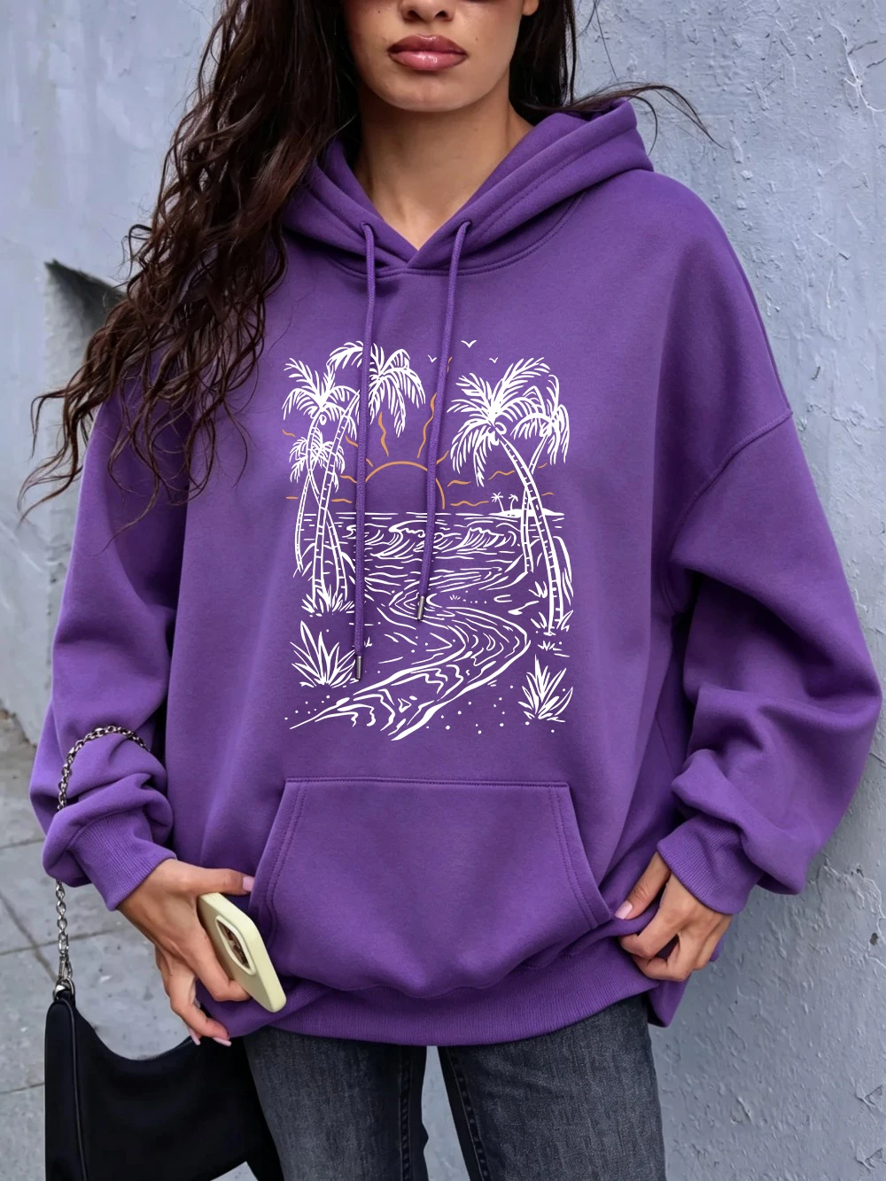 Beach Coconut Trees Printed Hoodies Womens Casual Pocket Pullover Basics Jogging Fleece Warm Sweatshirt Winter Loose Clothes