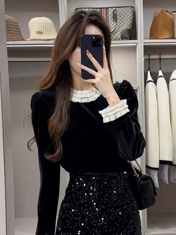 

Retro Black Velvet Shirt Women's Early Spring Lace Splicing Top Layered Wear Inner Match Shirt Autumn Winter Korean Style Lon...