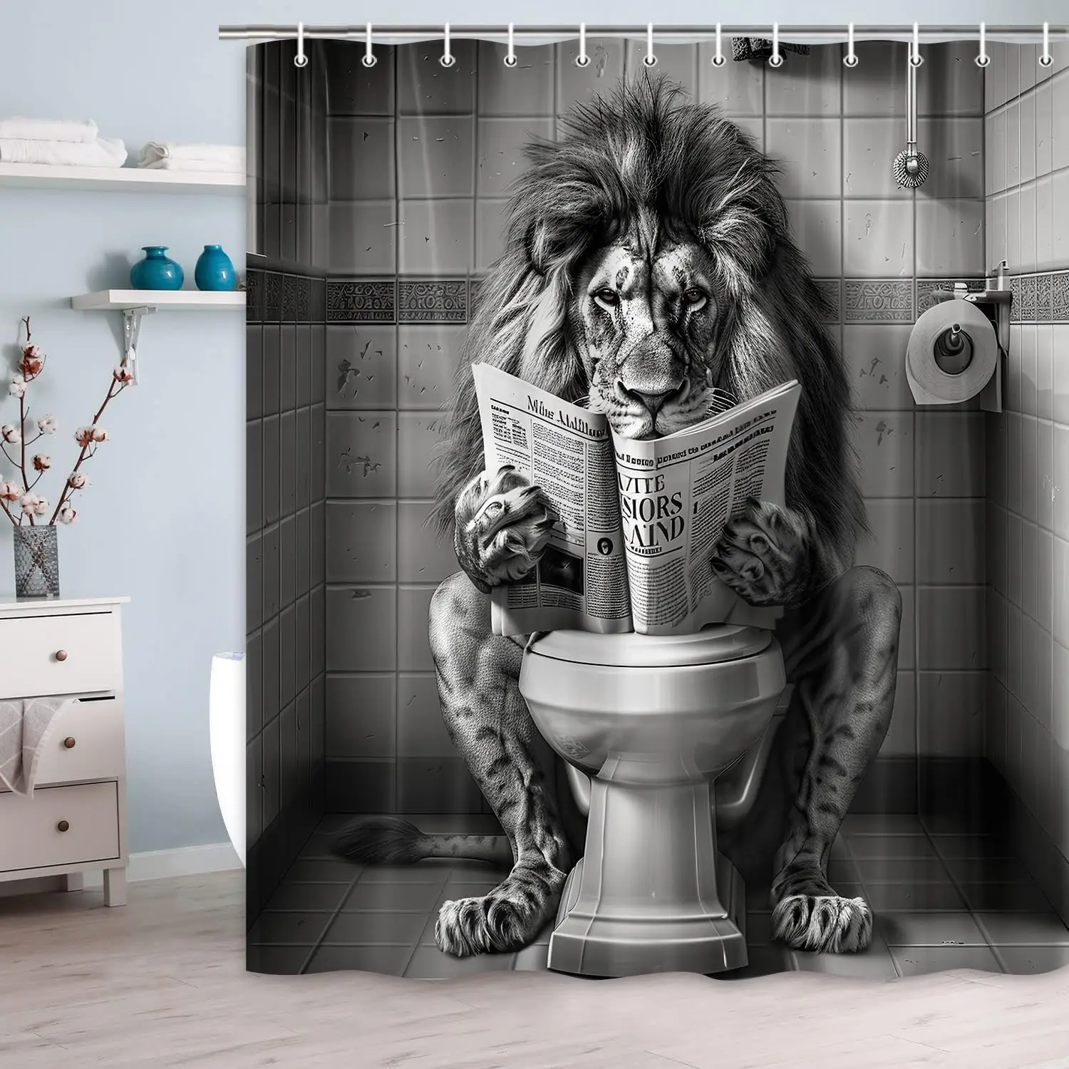 Cool Lion Shower Curtain, Fun Leo Wild Masculine Animal Humor Leo Animal on Toilet Shower Curtains Set 12 Hooks Shower Curtain
