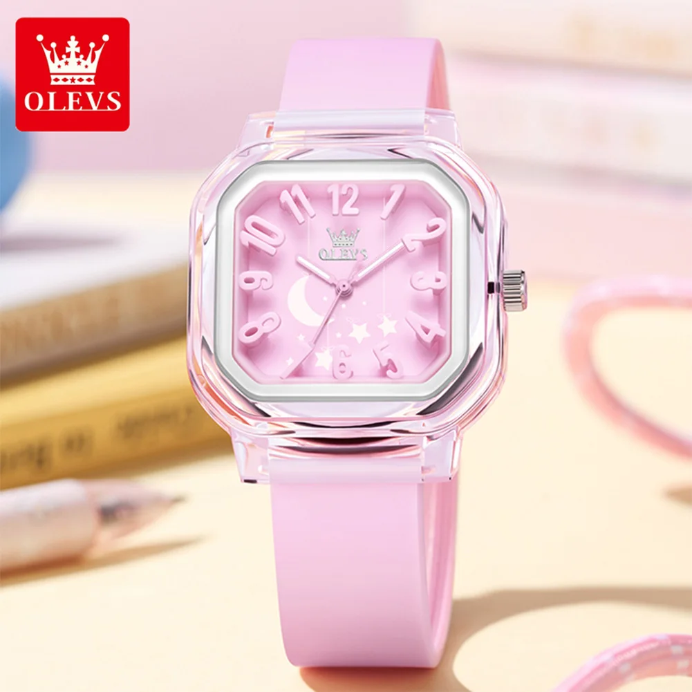 OLEVS 3711 Student Watches Cute Square Quartz Watch Waterproof Luminous Transparent Shell Silicone Strap Watch Student Gifts New