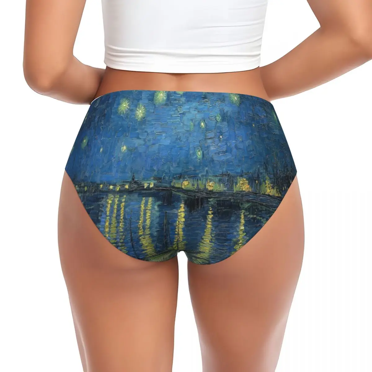 Custom Starry Night Over The Rhone Brief Panties Women Stretch Vincent Van Gogh Underwear