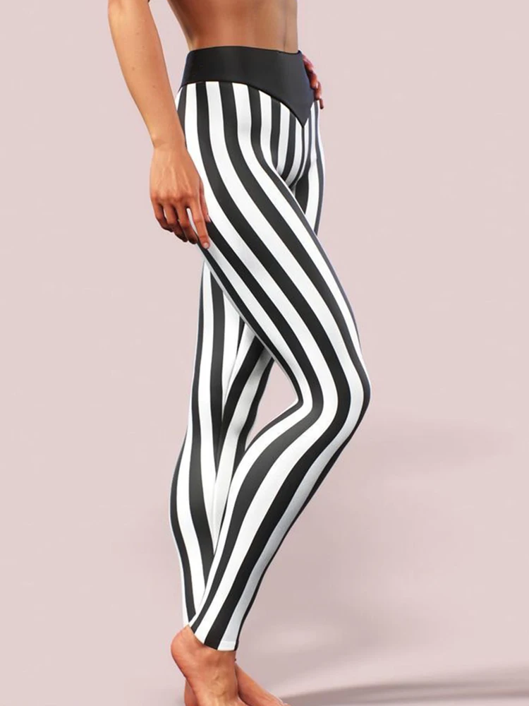 Leggings estampadas listradas de cintura alta feminina, calça lápis de treino, jeggings elásticos de ginástica, preto e branco, moda sexy