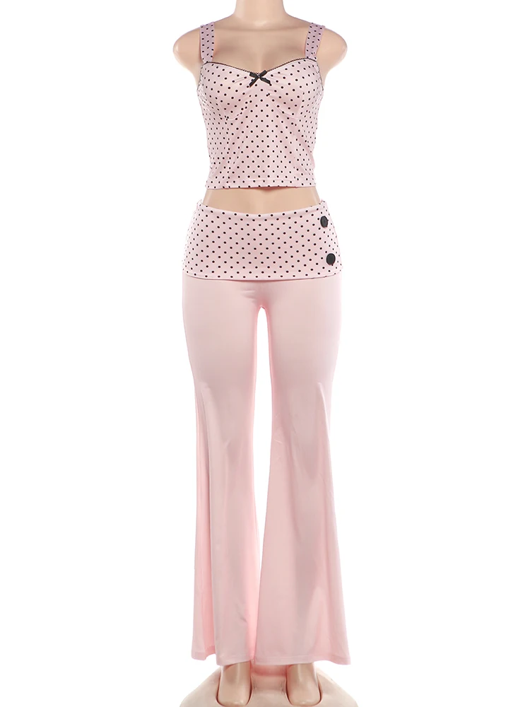 Weird Puss Polka Dot Patchwork 2-teiliges Set für Damen, Schleife, tief ausgeschnittenes, rückenfreies Crop-Top + lange Hose mit Knopfverzierung, eleganter Stil – Detail 3
