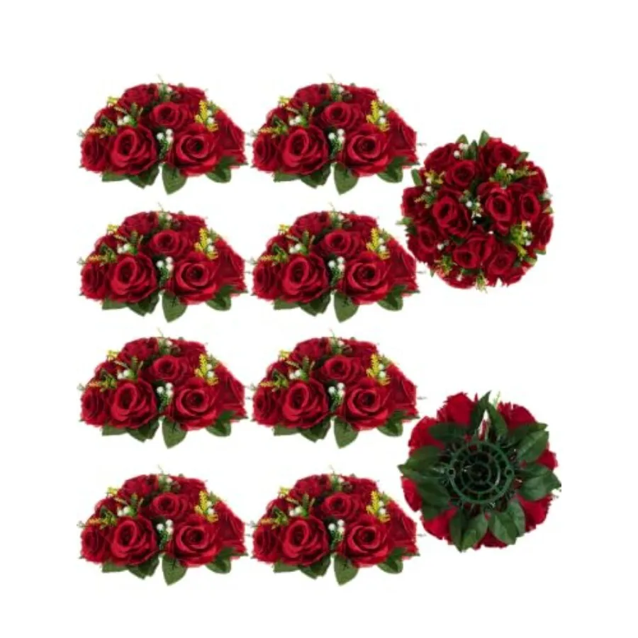 Faux Flower Centerpieces for Wedding Tables, Crimson Red Silk Roses, 9.5 Inch Kissing Balls, Easy to Use Artificial Floral Arra