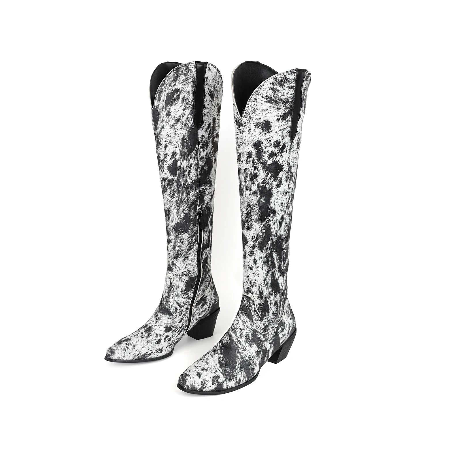 Botas occidentales por encima de la rodilla con estampado de leopardo, pelo de caballo de imitación, botas de caballero de tacón grueso puntiagudo Retro, bota larga estampada para Halloween