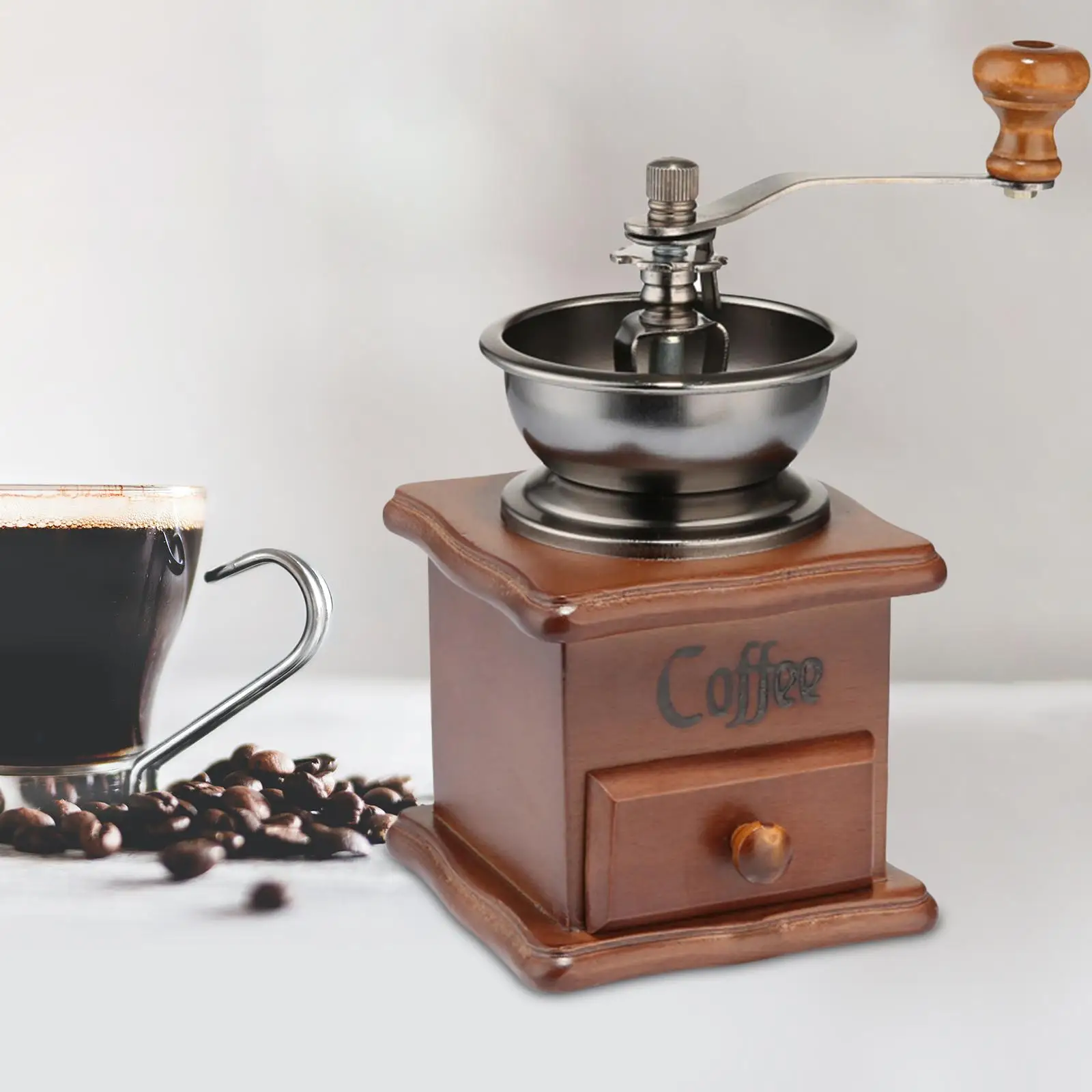 Molino de café con manivela y cajón, molinillo de mano de madera, molinillo de café con rodillo
