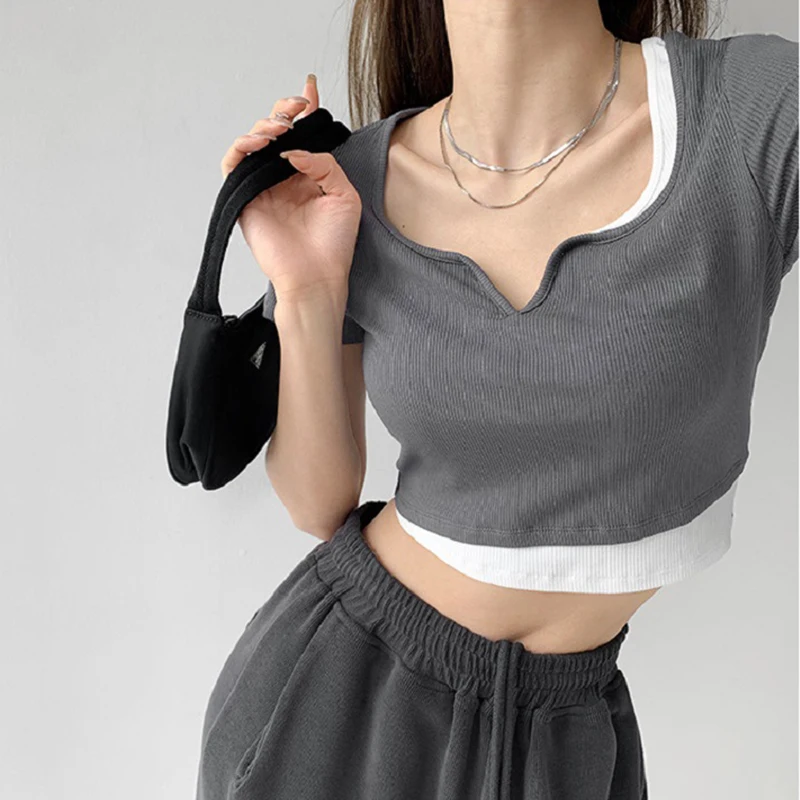 Fashion Fake Two Piece Knitted Short Sleeve T-Shirts Korean Skinny Slim Above Navel Tops Stylish Clash Color Square Collar Tees
