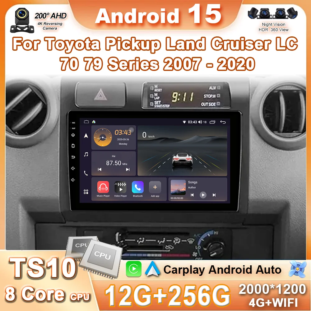 Android 15 Carplay Car Radio For Toyota Pickup Land Cruiser LC 70 79 Series 2007-2020 Multimedia Player Stereo Head Unit 4G+Wifi