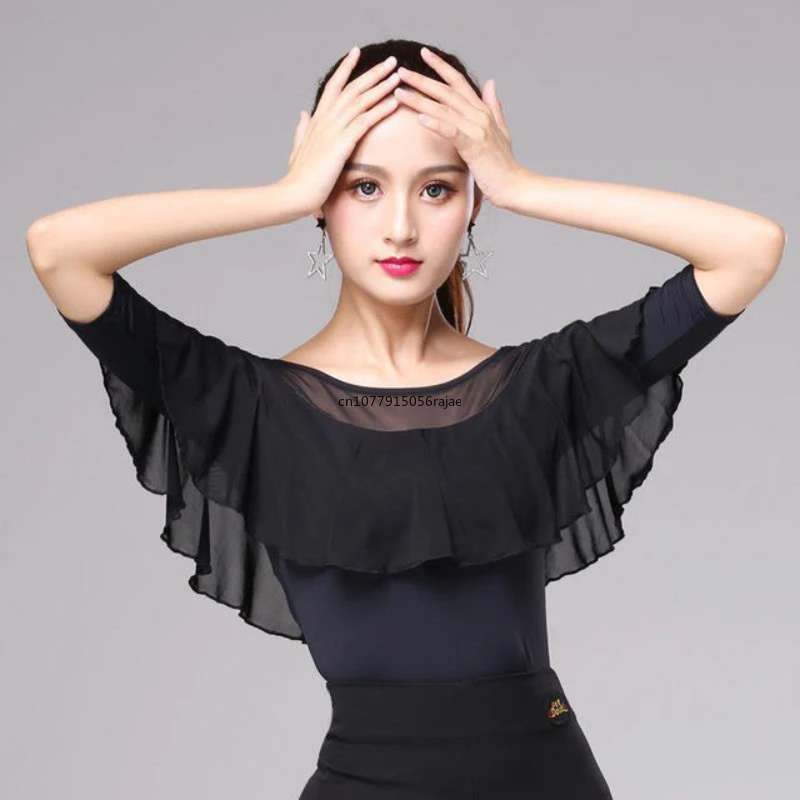 Women Waltz White Top Ruffled Latin Dance Mid-Sleeve Shirt New Modern Dance Practice Clothes Lady Samba Dance Clothing