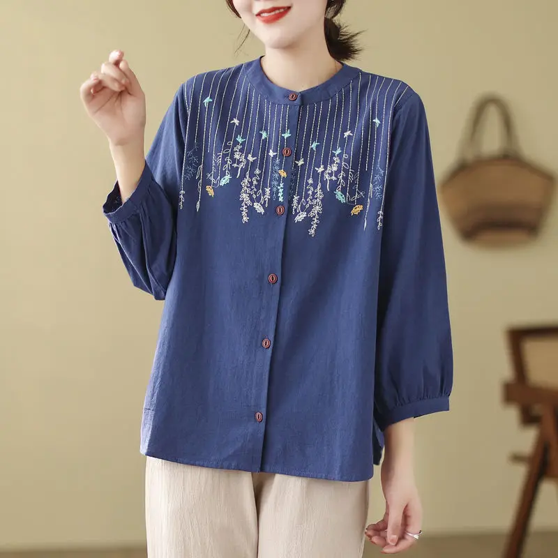 Women Spring Elegant Temperament Loose Embroidered Cotton and Linen O-neck Long Sleeve Shirts Ladies Casual All-match Trend Tops