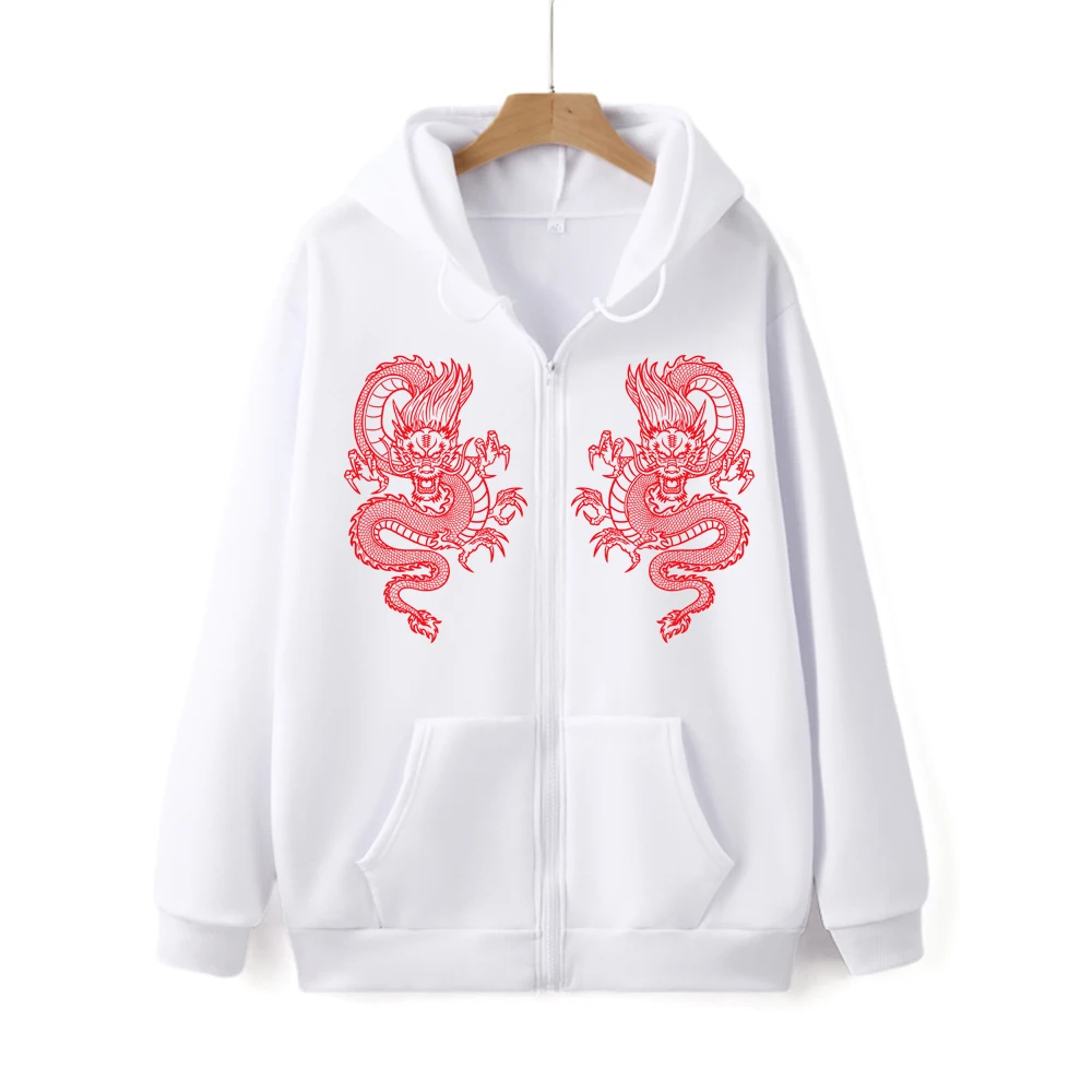 Harajuku Vintage Dragon Print Hoodie Fashion Streetwear Unisex Zipper Sweatshirt Autumn Long Sleeves Women Man Y2K Zip-up Hoody