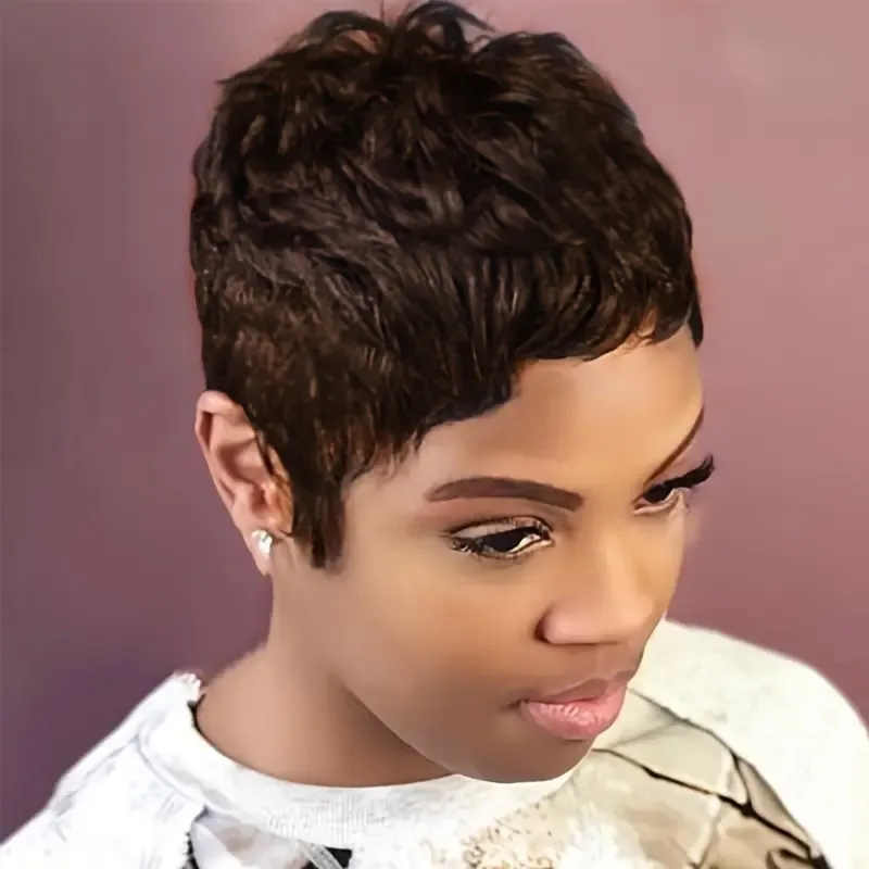 짧은 브라질리언 스트레이트 인모 레이어드 풀 머신 메이드 픽시 가발 (앞머리 포함) 여성용