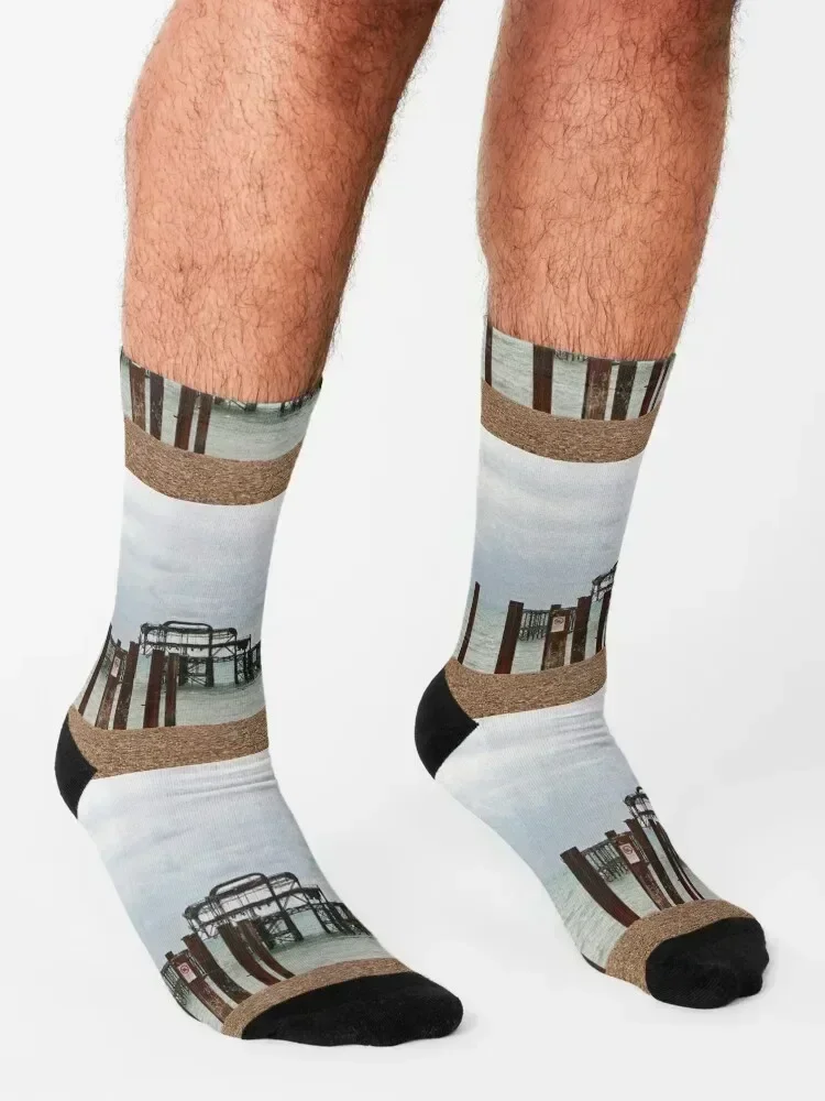 Brighton West Pier Socks floral colored japanese fashion Men's Women Socks Men's