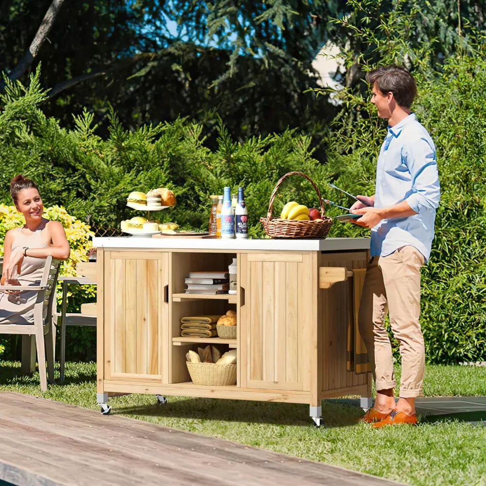 XL Solid Wood Outdoor Table and Storage Cabinet, 59.64’’L x 23.62’’W Movable Grill Table with Stainless Steel Top