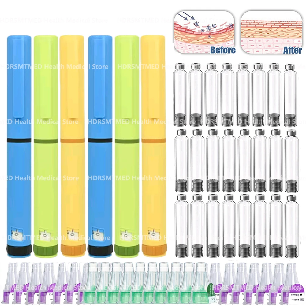 Ensemble de stylos injecteurs réutilisables de 3 ml pour la perte de poids avec étui portable, stylo à peptides 60U, 10 cartouches, 10 embouts de stylo 4/5/6/8 mm