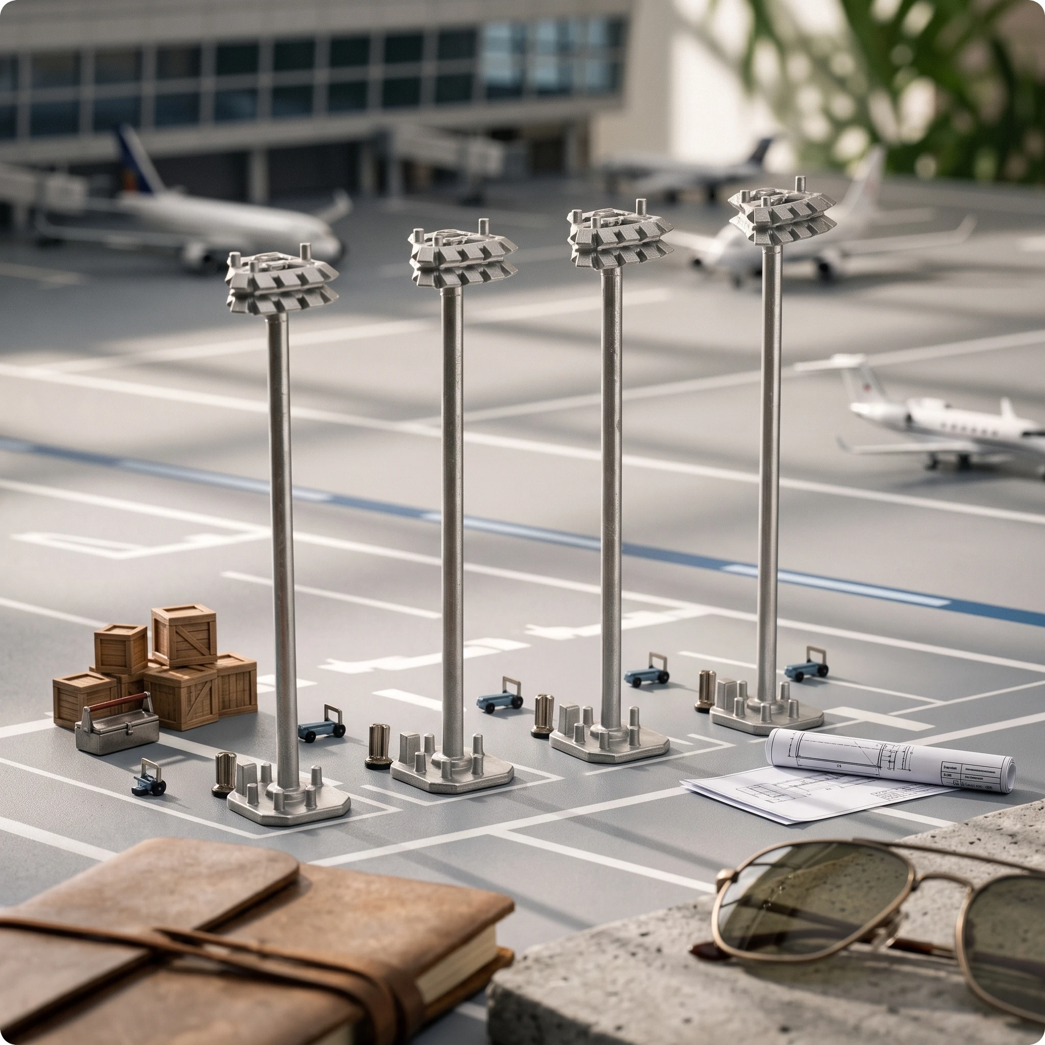 Diorama High-pole Airport Light Model with Clustered Lamp Head Square Base Accessory for Aviation Setups