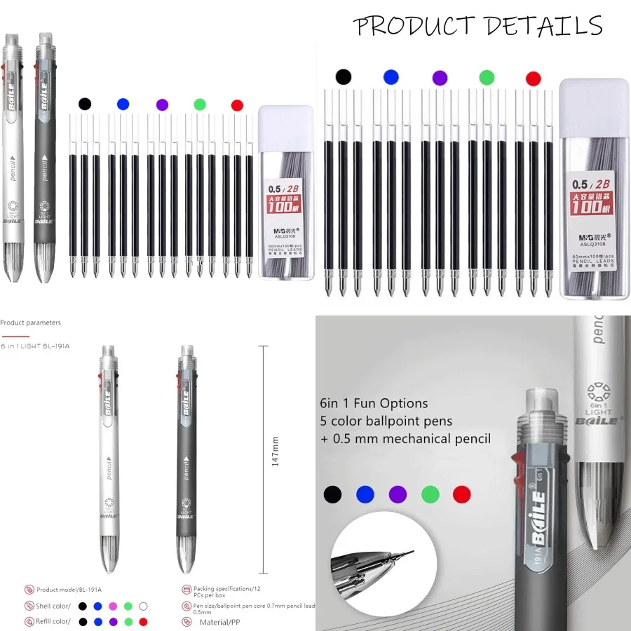 

Набор разноцветных ручек 6 в 1, 18 шт., с выдвижными шариковыми ручками и механическим карандашом в одном для офиса, школы и домашнего использования - B