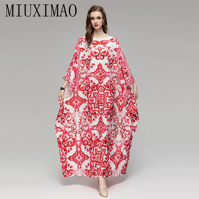 

MIUXIMAO 2023 Plus Size Dress O-neck Batwing Sleeve Maxi Dress Women Red porcelain print New Fashion Yellow Kaftan Dress