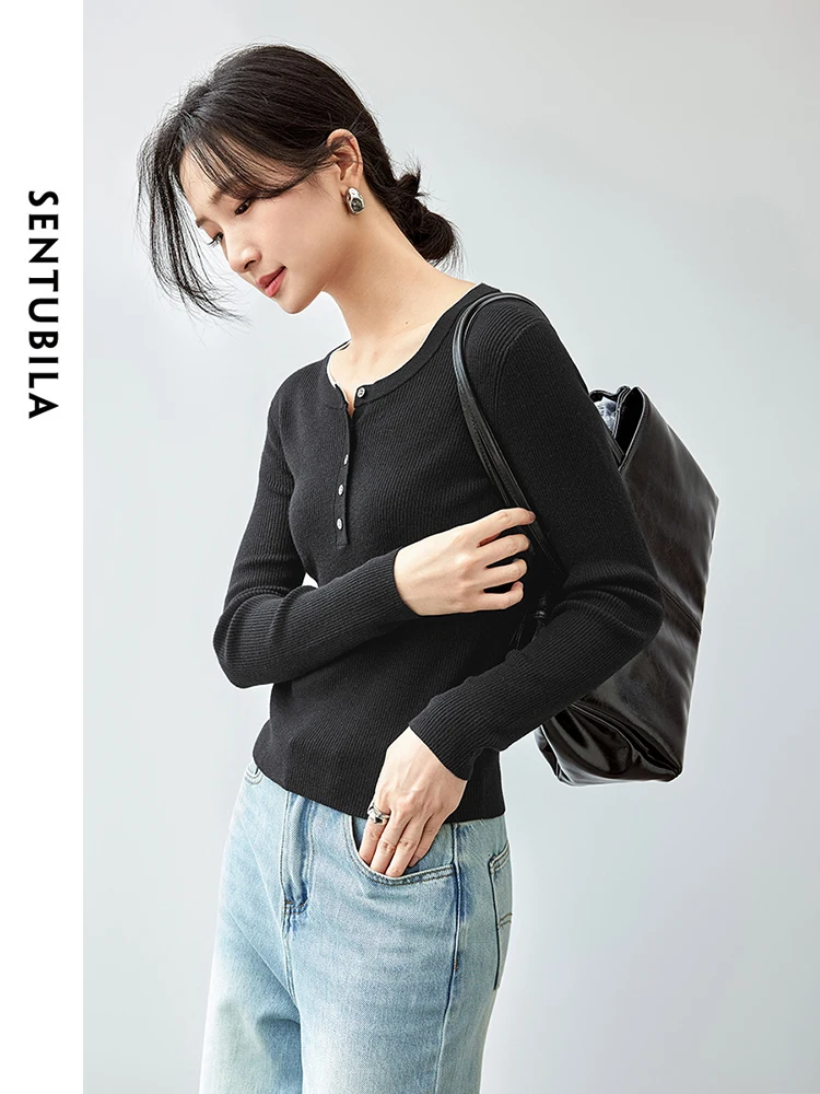 SENTUBILA Patchwork Wool Knitted Pullovers for Women 2024 Autumn Casual Slim Fit Comfort Basic Simple Women Top W43H56238