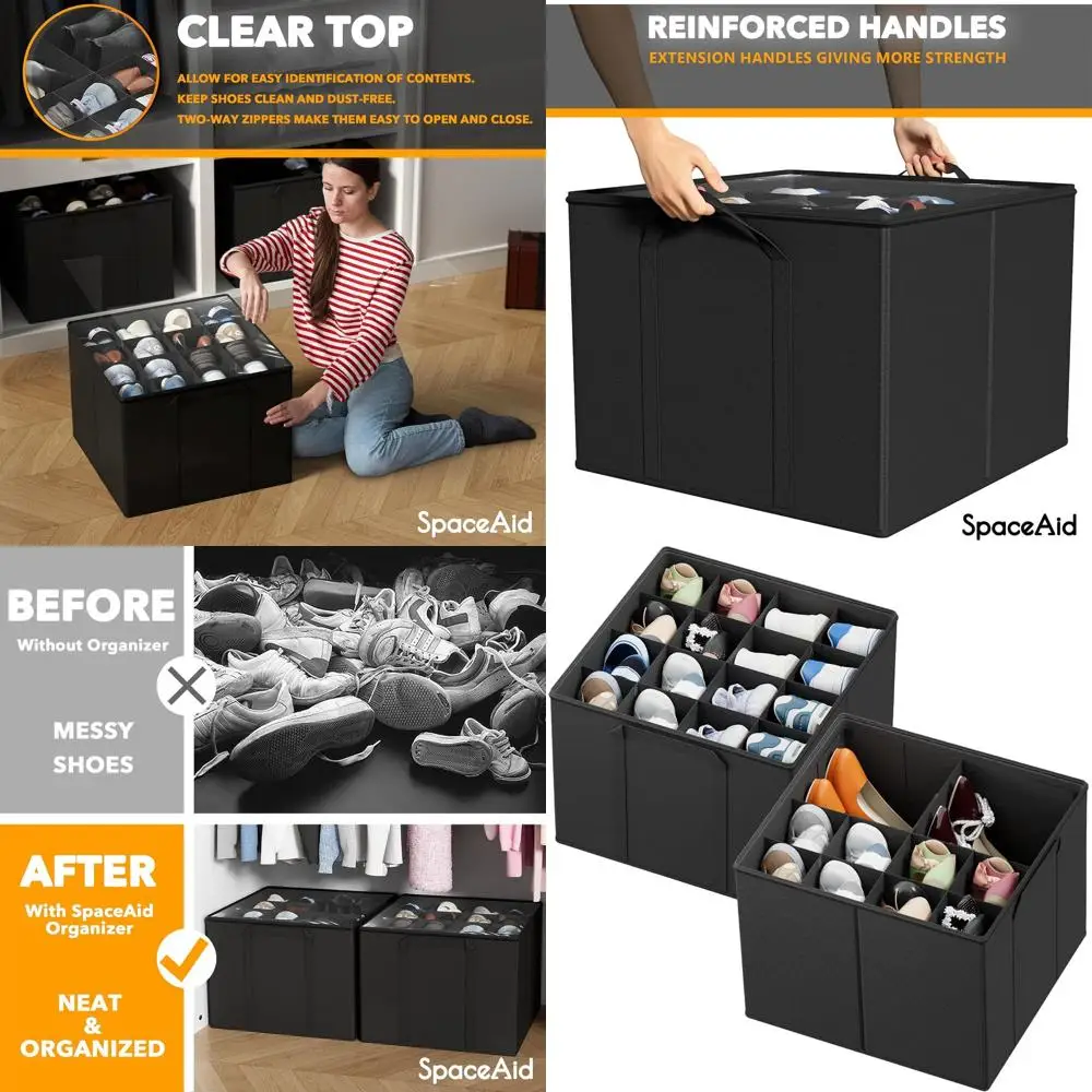 

2-Pack Collapsible Shoe Rack Organizers with Adjustable Dividers for 16-32 Pairs, Black