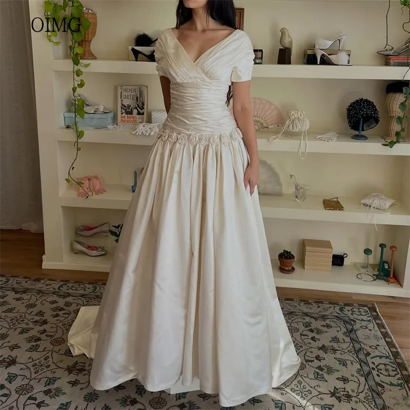 

OIMG Pastrol Ivory A Line Prom Gowns Satin V Neck Flowers Party Gown Floor Length Evening Dress vestidos de gala Customized