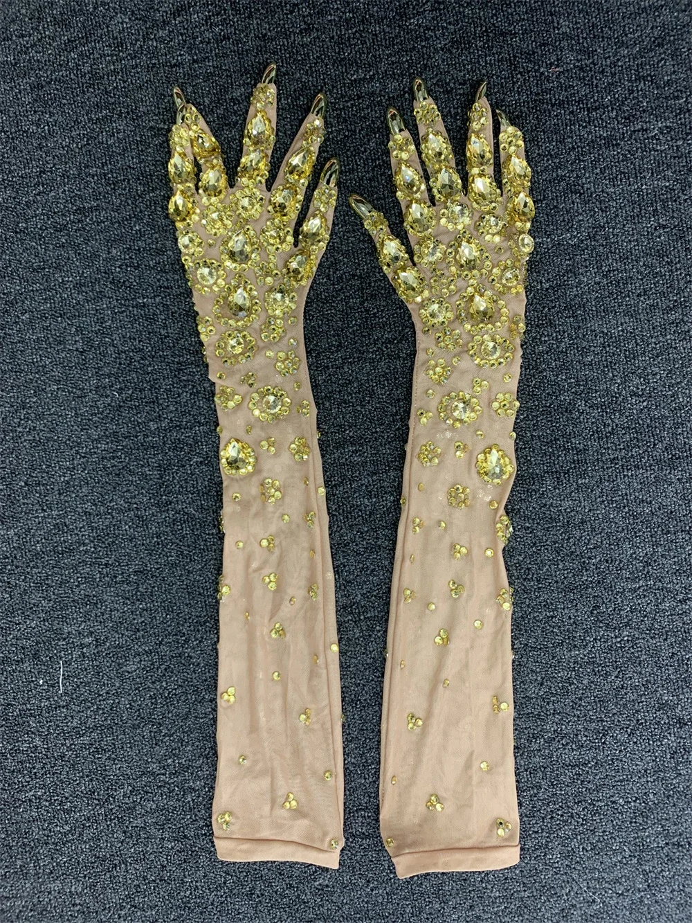 1pair Sexy Elastic Gold Rhinestones Mesh Gloves Flash Diamond FullFinger Fishing Net Glove Electronic Music Festival Mitten Club