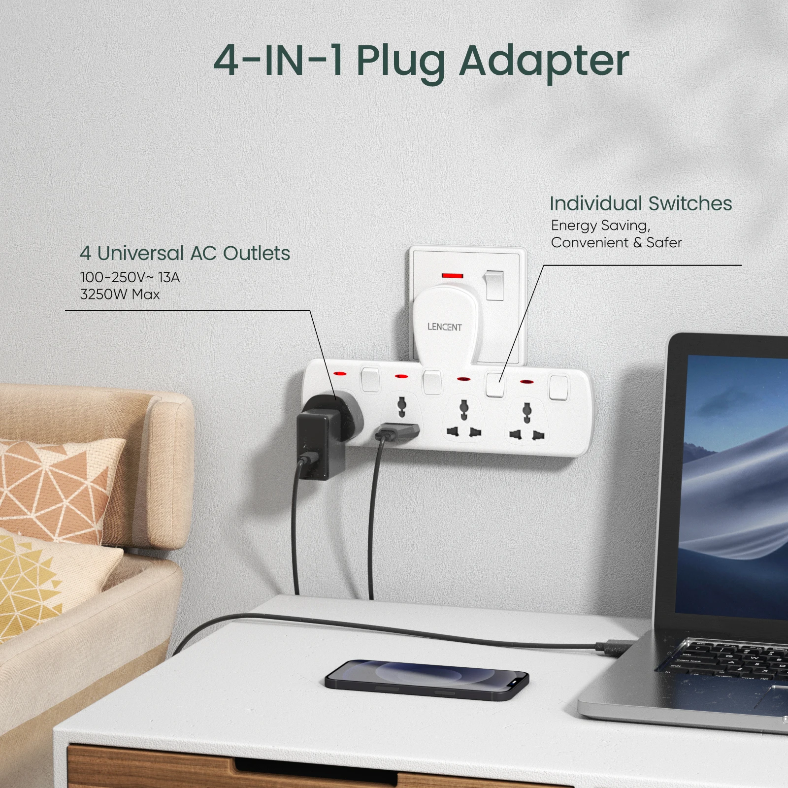 LENCENT Multi Plug Extension Socket with 4 Universal AC Outlets 3250W 13A Extension Plug Adapter with Switch for Home Office